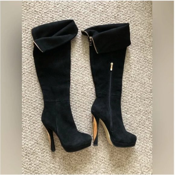 Glossi over the knee high heels suede women’s black with gold boots size 37 - Picture 3 of 16